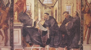 Augustinus übergibt seine Regel an die Mönche. Marzio Ganassini (1610). Kreuzgang der Dreifaltigkeitskirche, Viterbo