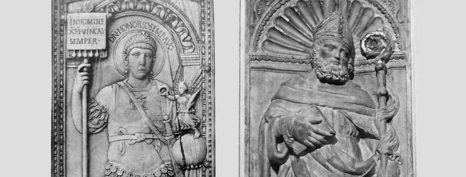 Bildnachweise (Vorderseite): Kaiser Honorius (Konsulardiptychon des Probus Anicius, Anfang 5. Jh.). – Bischof Augustinus von Hippo (Isaia da Pisa, 1410-1464). Sant’ Agostino in Campo Marzio (Rom). Quelle: wikimedia commons.