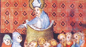 Der predigende Augustinus, umgeben von lauschenden Gläubigen